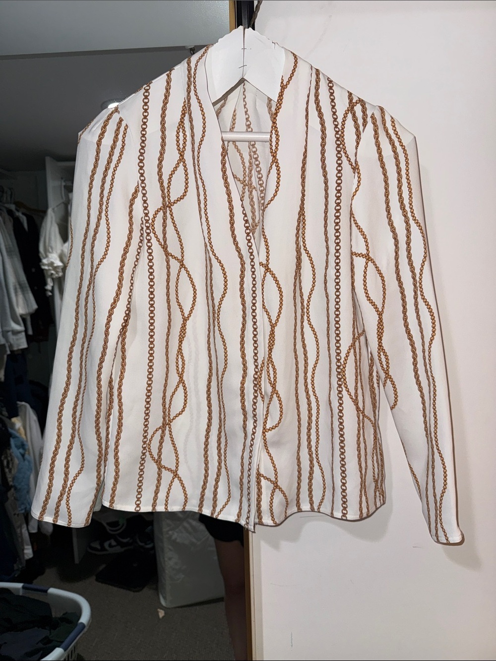 Aritzia White Blouse with Brown Chain Print